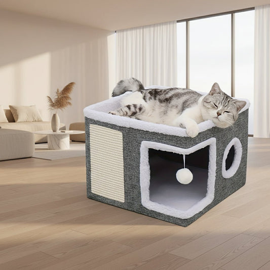 Lit double étage pour chats | Cabane confortable avec griffoir et base antidérapante