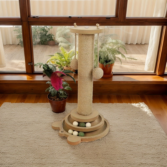 Tour interactive à griffer pour chat en jute durable avec piste à balle et jouets à plumes